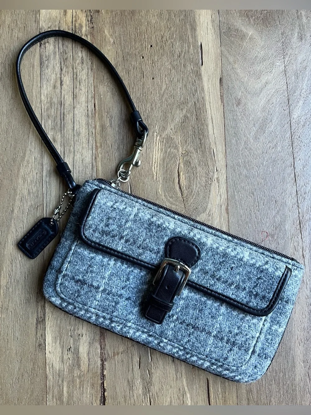 Coach Wool Tweed Wristlet Gray White